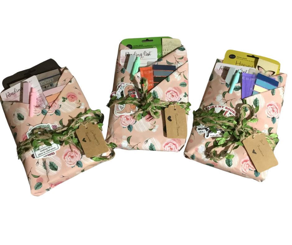 Romance Blind Date Book Bundle with Gifts – cozy wrapped book with face mask, hot chocolate, tea, and bookmark